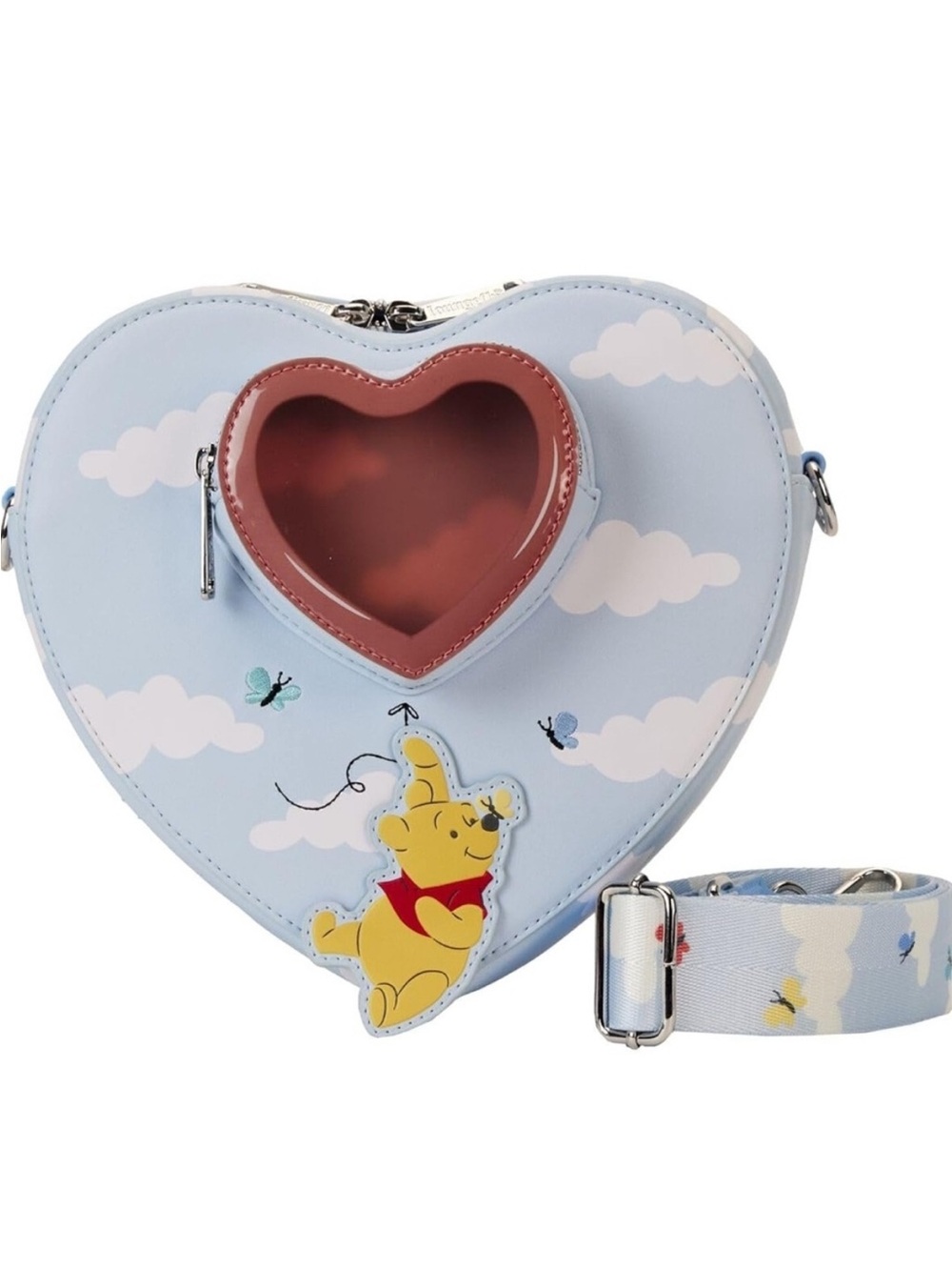 Loungefly Light Blue Heart-Shaped Winnie the Pooh Crossbody Bag with Red Accent